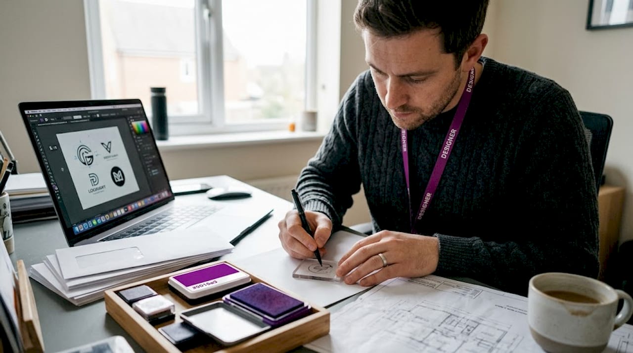Designer sketching logo for custom stamp