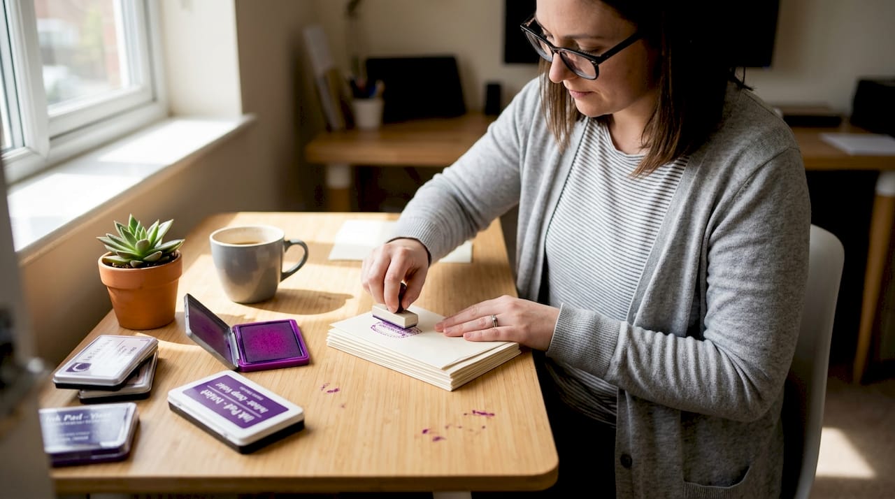 Woman testing personalised identity stamp at desk
