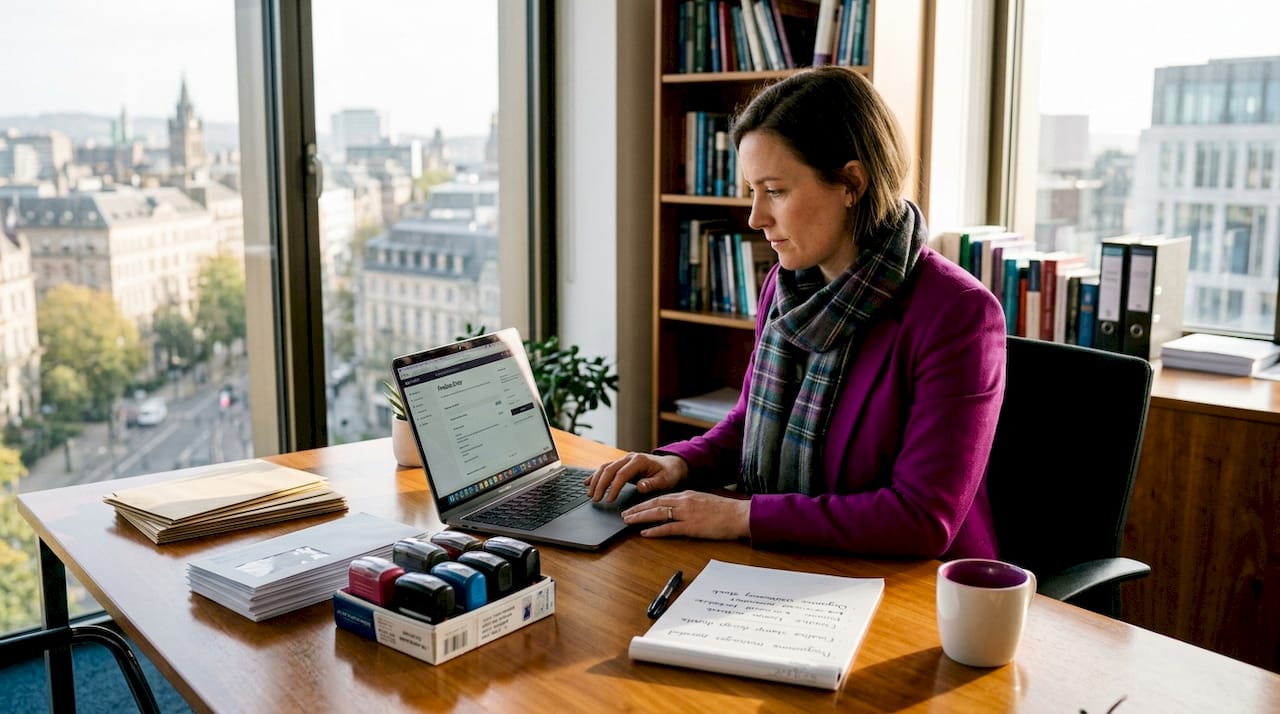 Professional woman ordering business stamps office