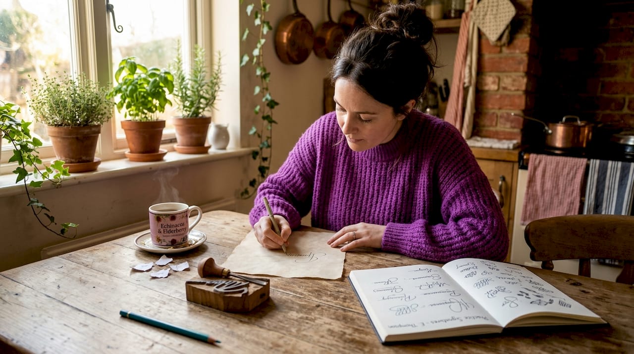 Person sketching signature for stamp at kitchen table