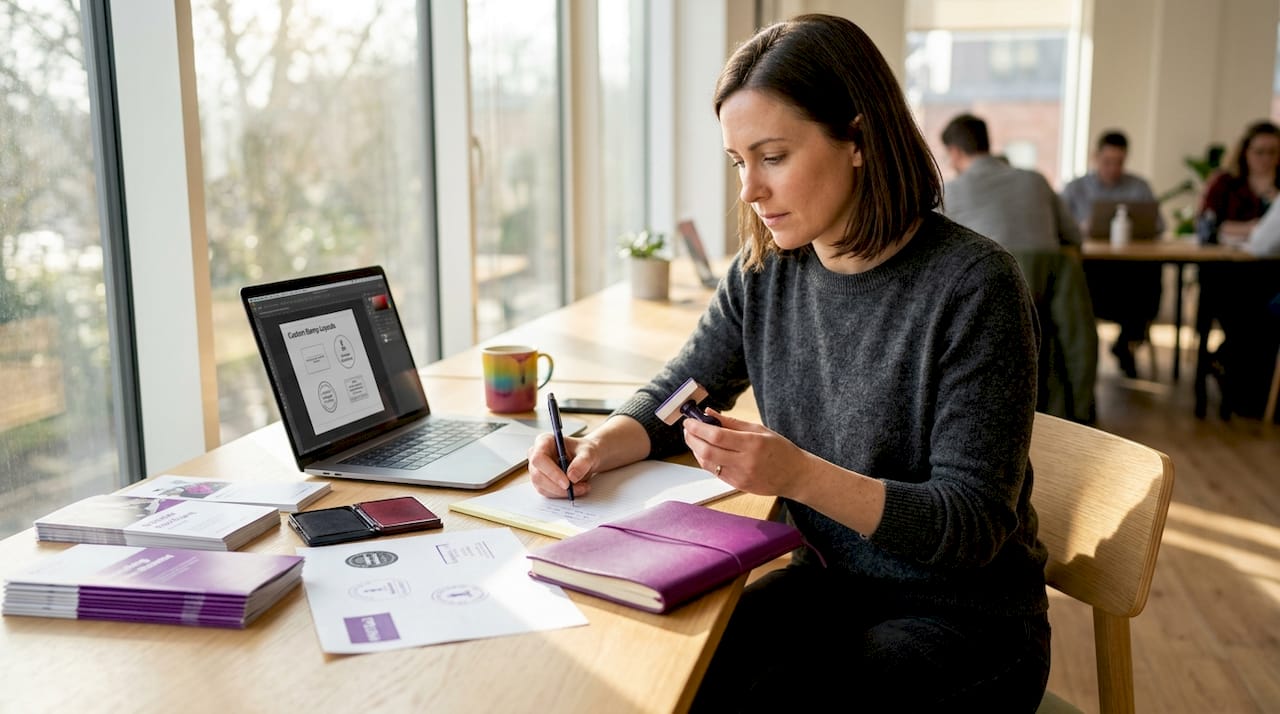 Designer reviewing custom stamp branding layout