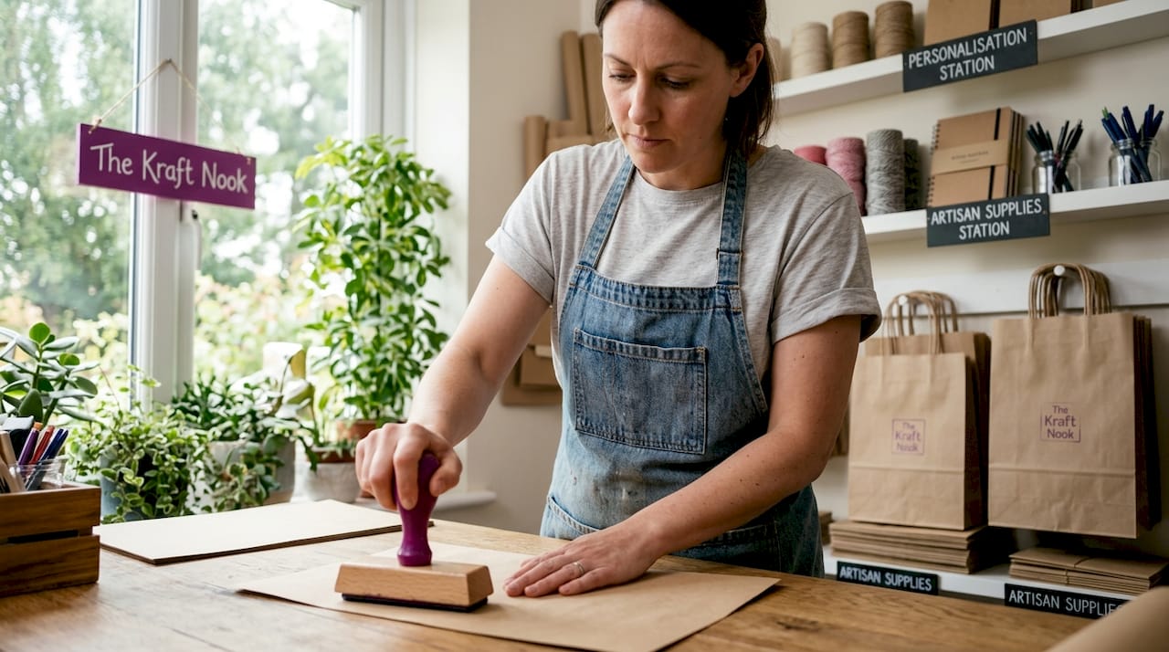 Shop owner applying custom stamp to packaging