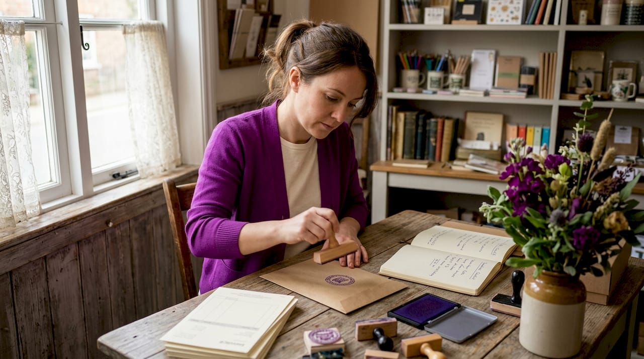 Business owner applying branded stamp on packaging