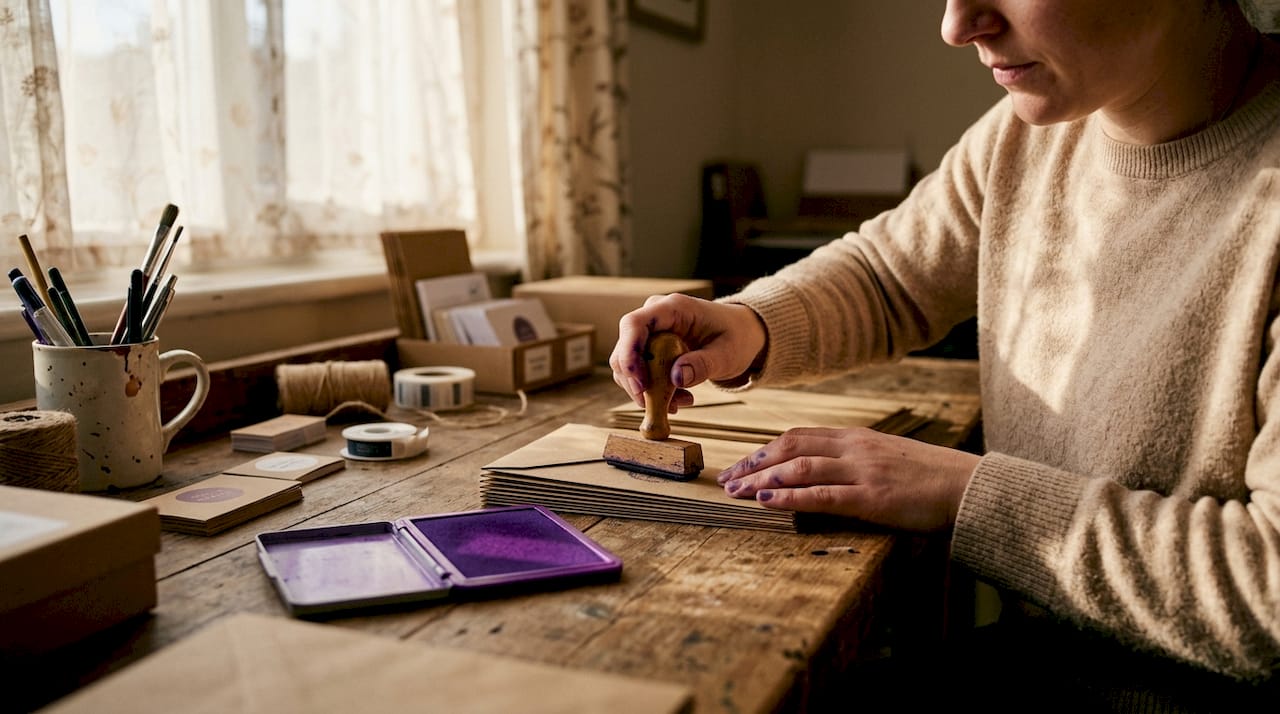 Business owner stamping kraft envelopes