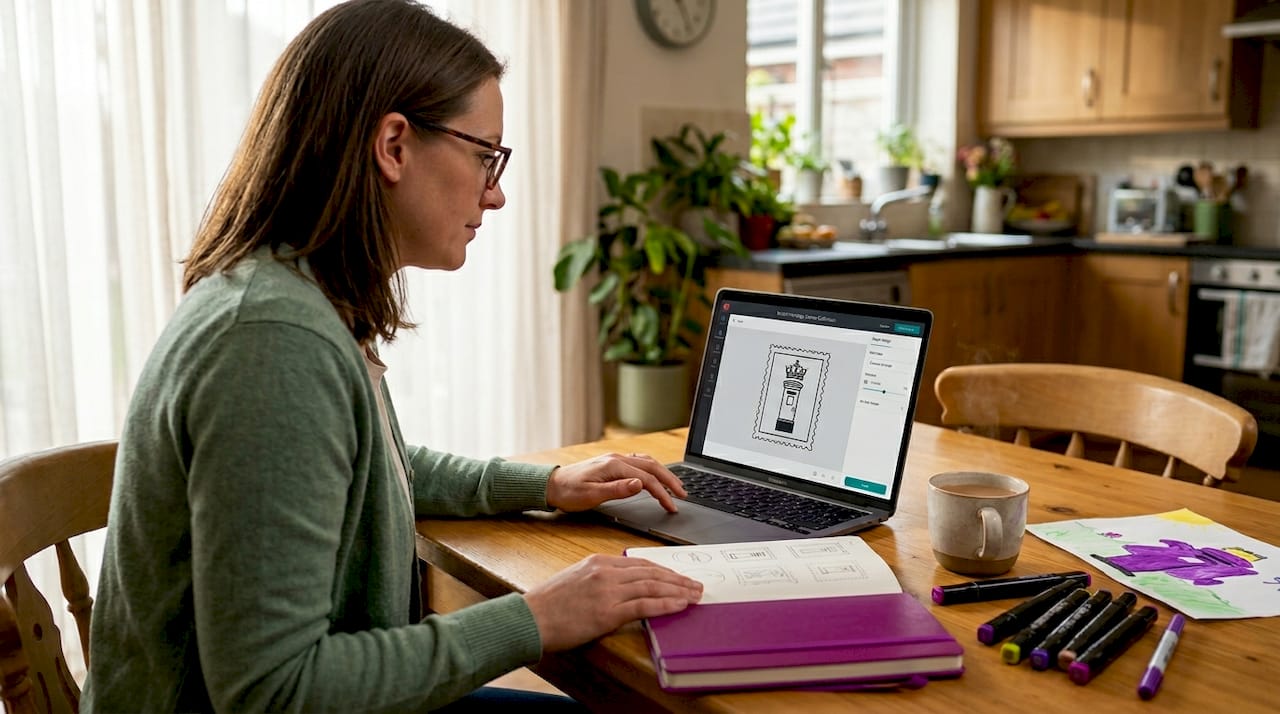 Woman previews custom stamp design at home office desk