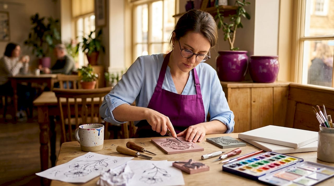 Beginner carving rubber stamp at dining table