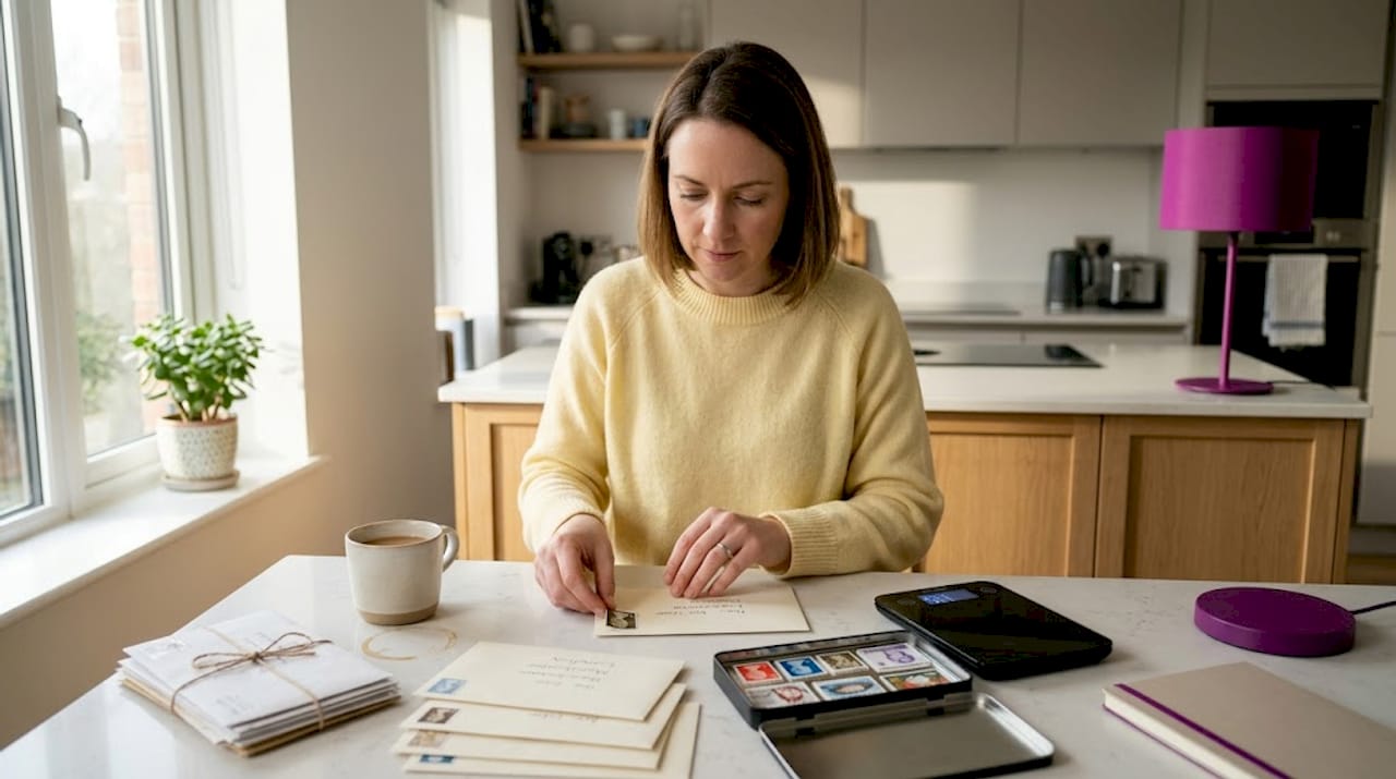 Woman choosing stamps for mail at table