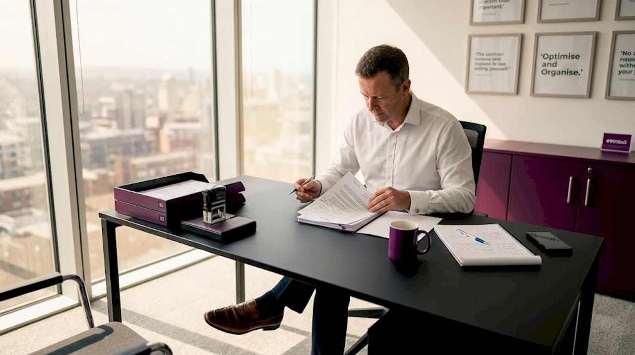 Manager reviewing batch stamped documents in office