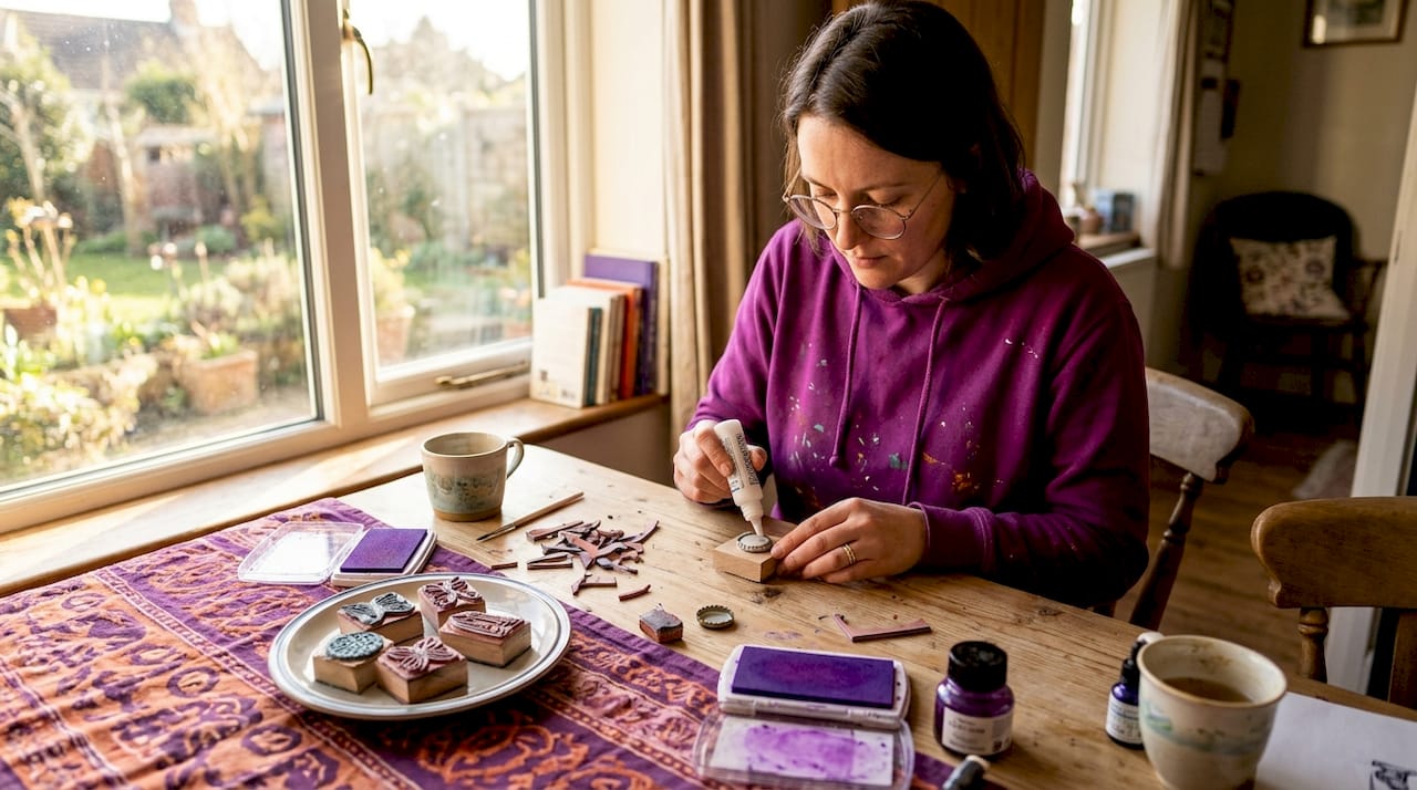 Woman makes mail art stamps at messy table