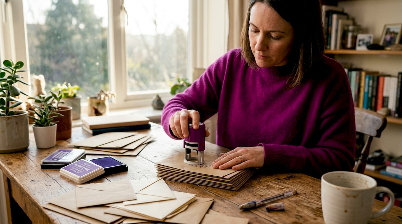 Person stamping envelopes at kitchen table