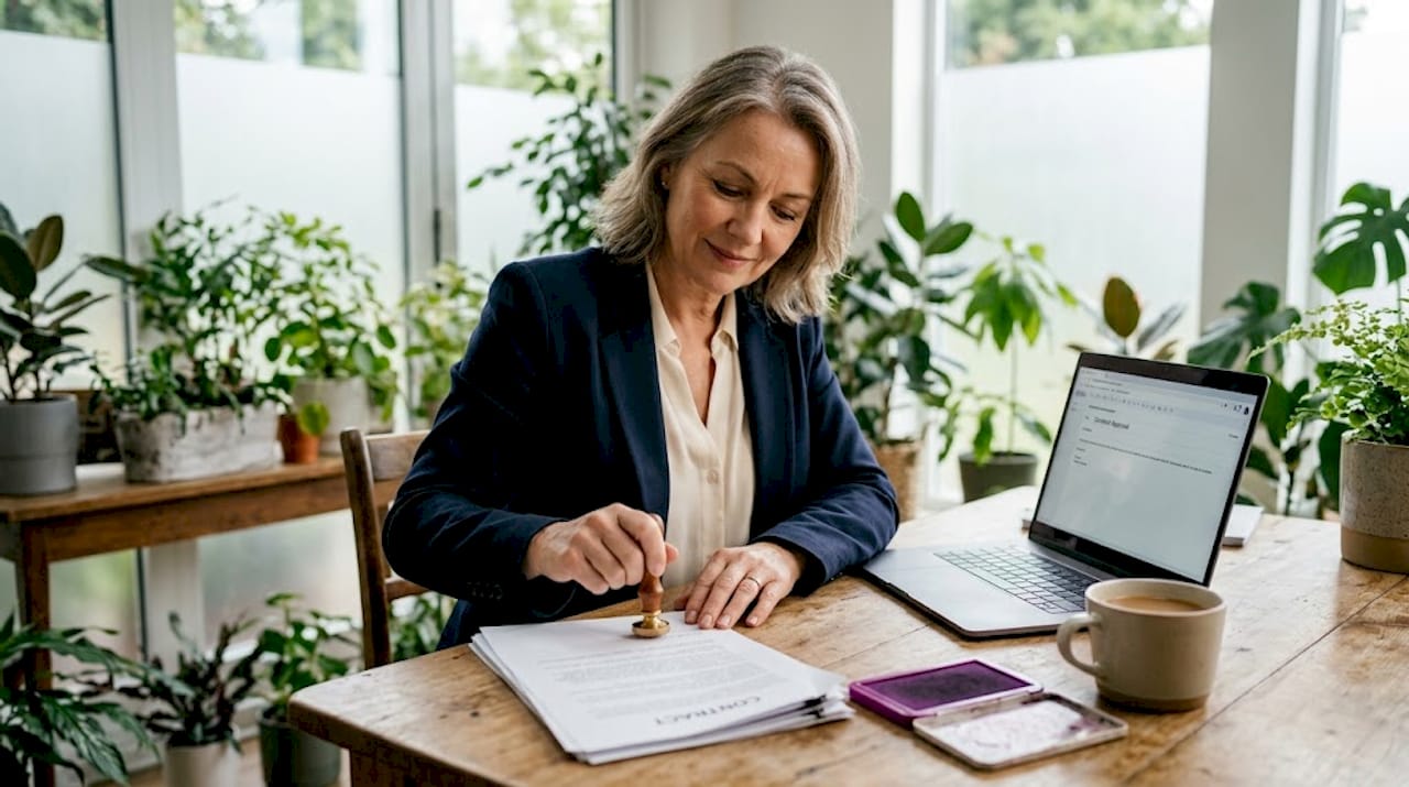 Professional using signature stamp at business desk