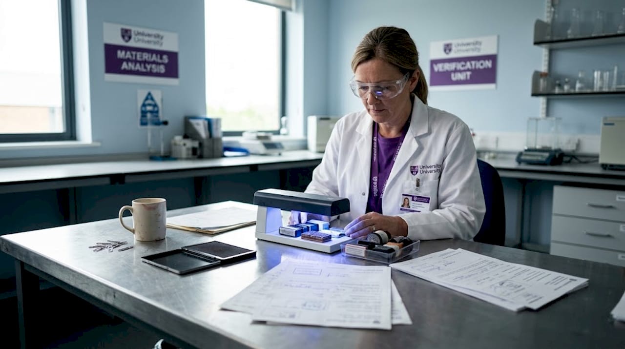 Technician examines official stamp with UV light