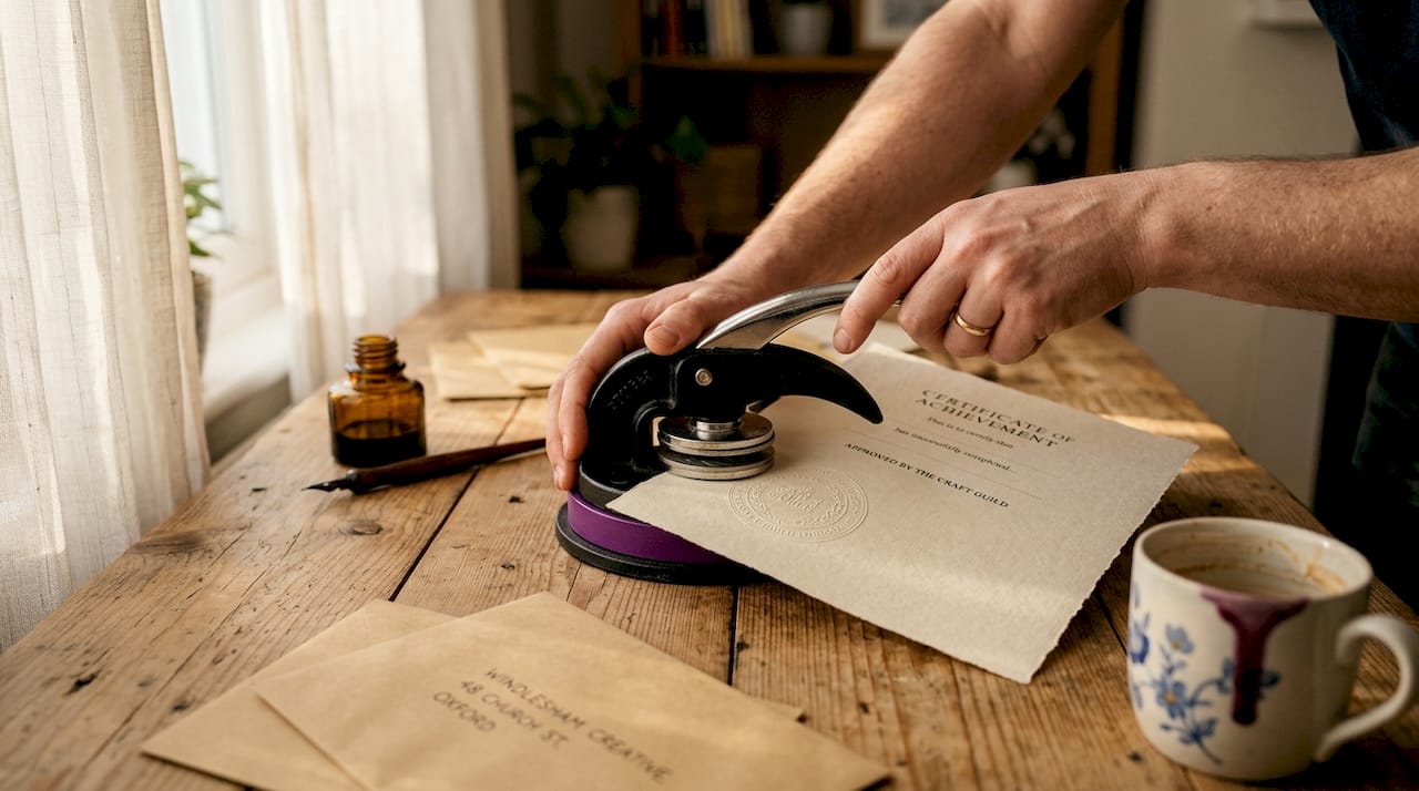 Hands using embossing stamp in home office