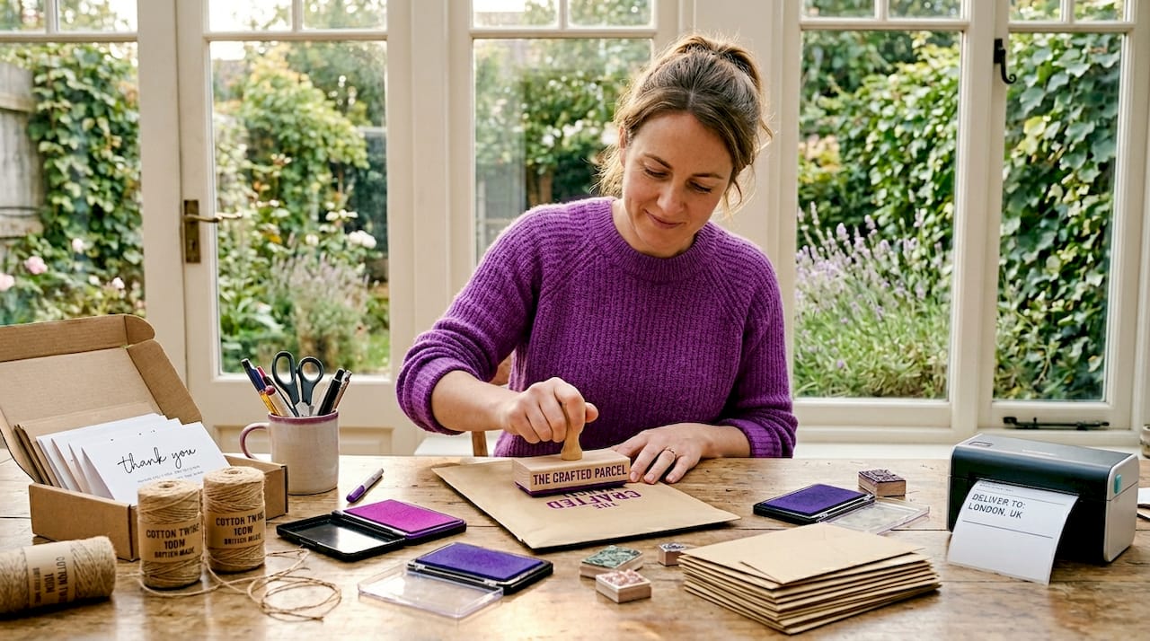 Small business owner stamping branded mailers
