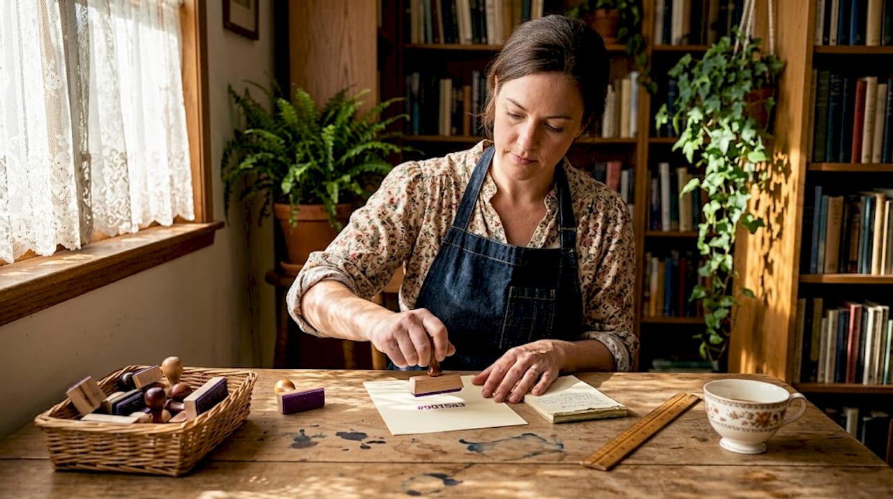 Woman preparing rubber stamp in home workspace