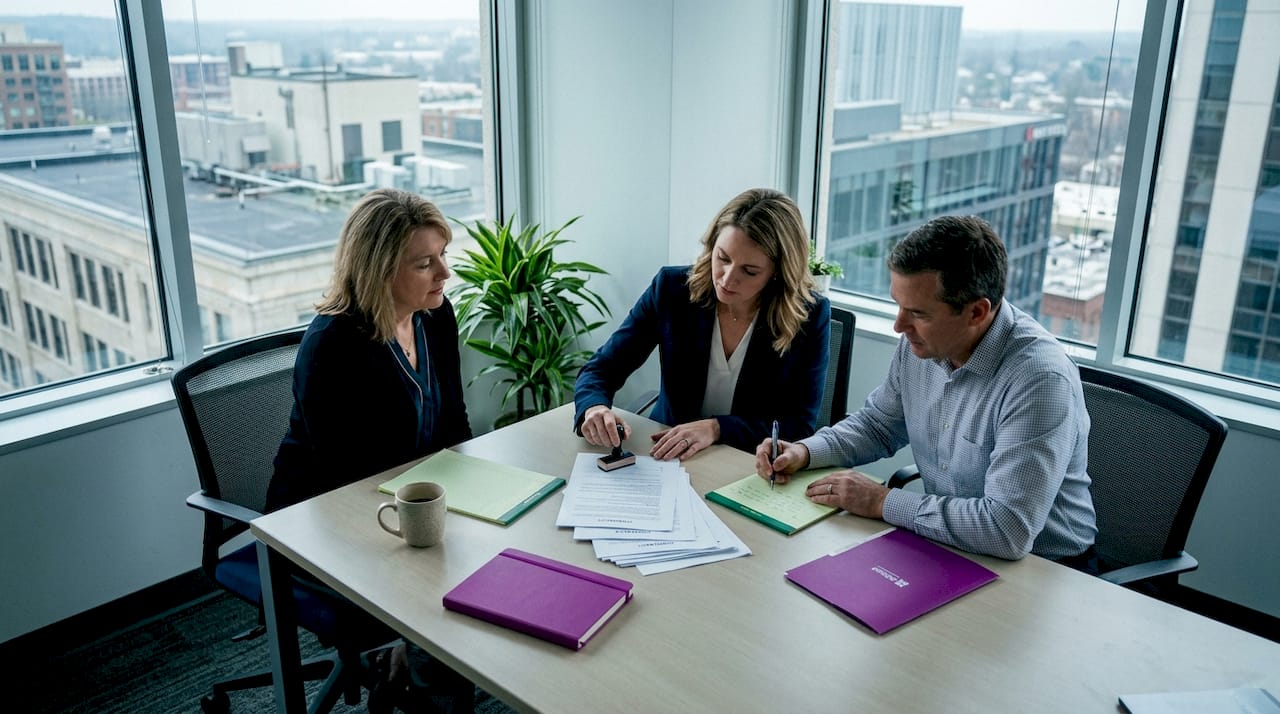 Business team reviewing stamp approvals in office