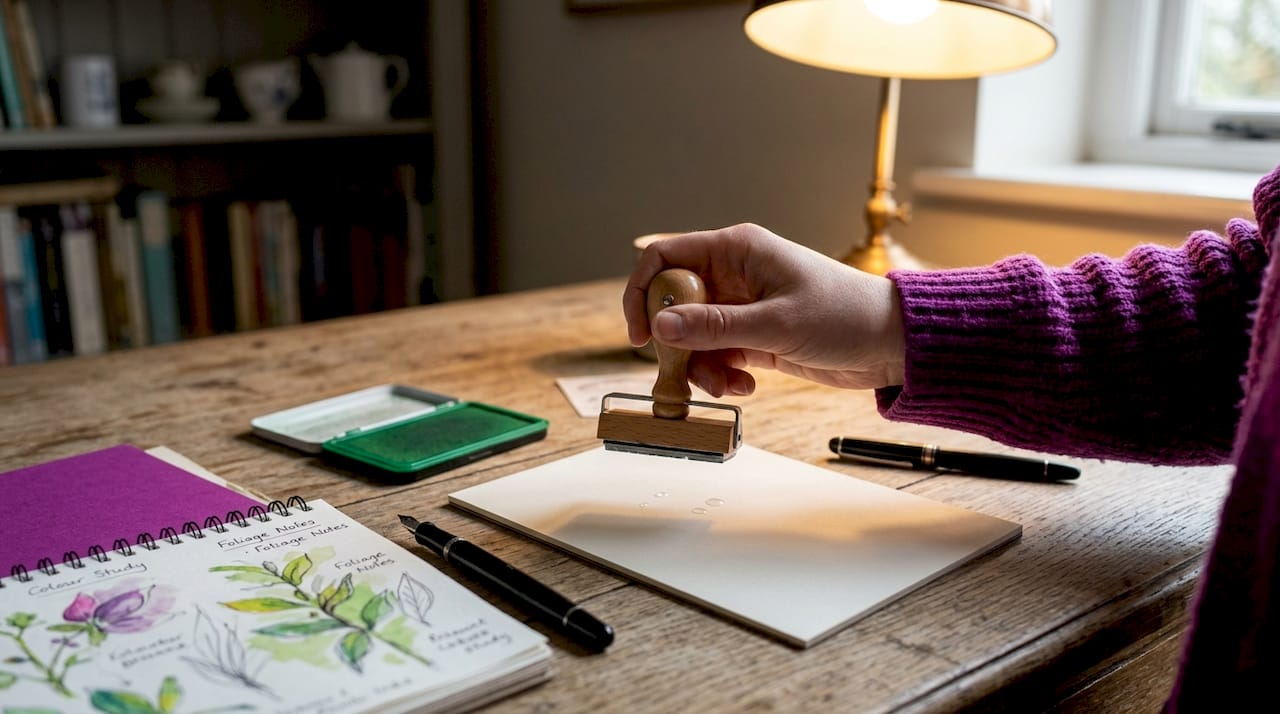 Hand applying invisible ink stamp on paper