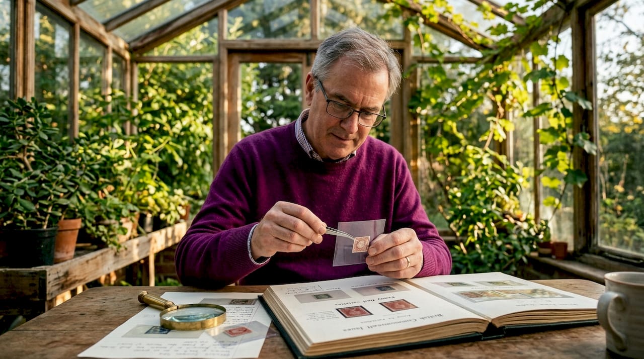 Collector inserting stamp into protective mount