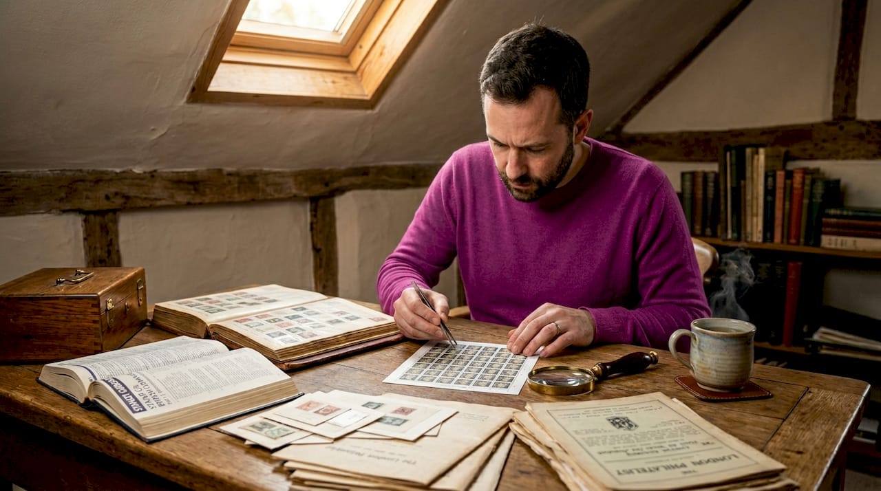 Collector examining stamp sheet on desk