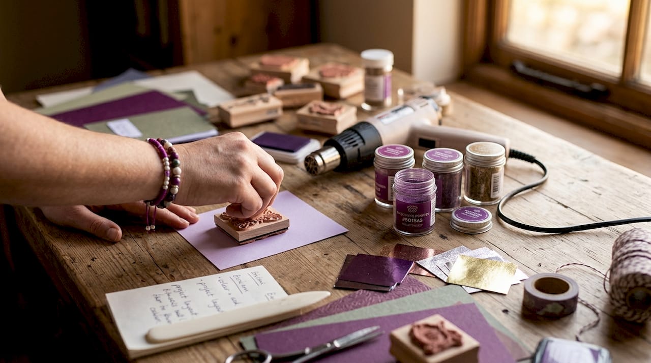 Hands pressing embossing stamp on cardstock