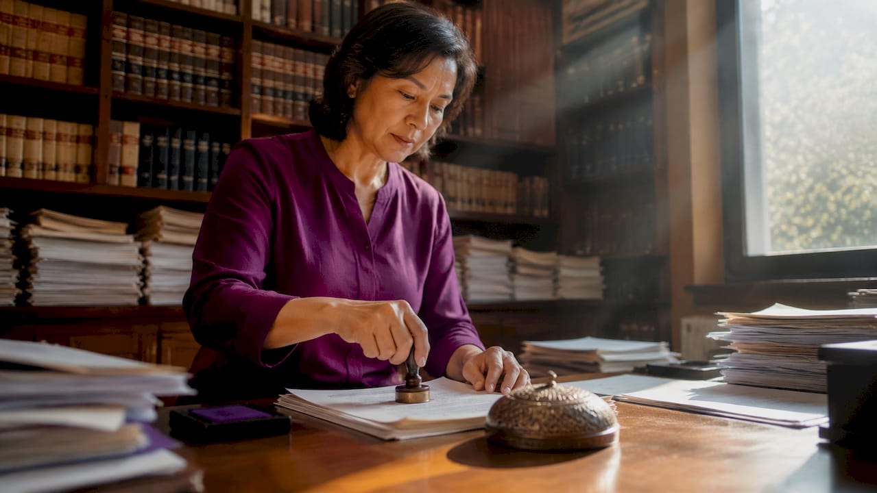 Legal clerk stamping official document