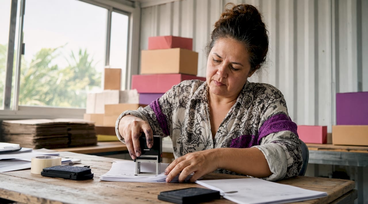 Office worker stamping documents with heavy-duty stamp