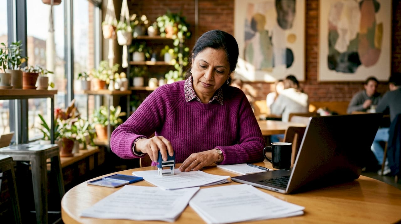 Woman stamping business documents at desk