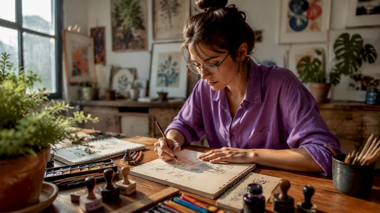 Designer sketching stamp concepts at drafting table