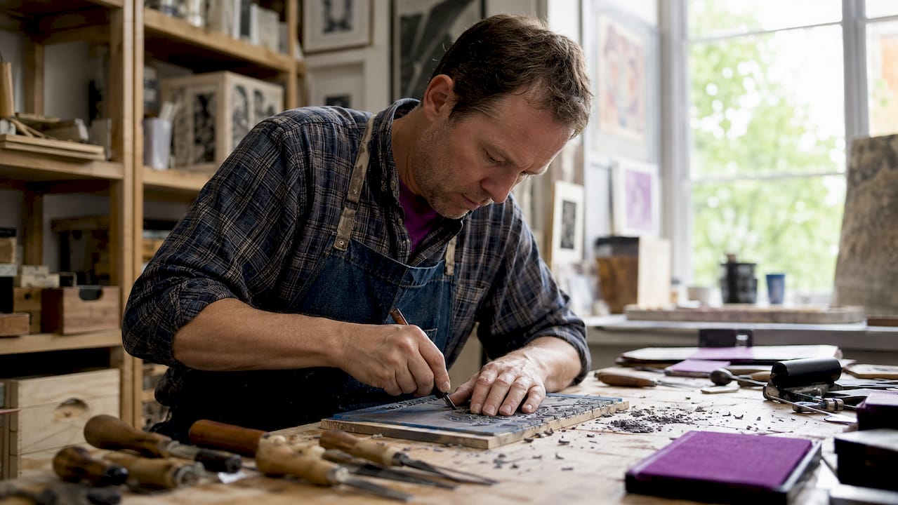 Man carving custom rubber stamp