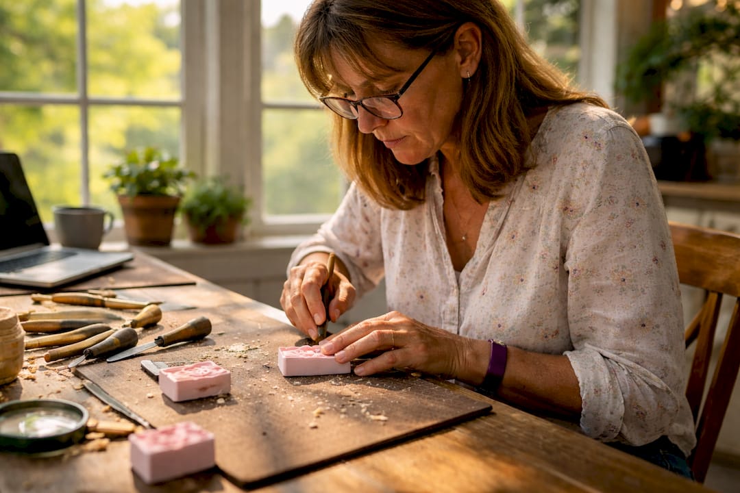 Woman carving custom rubber stamp