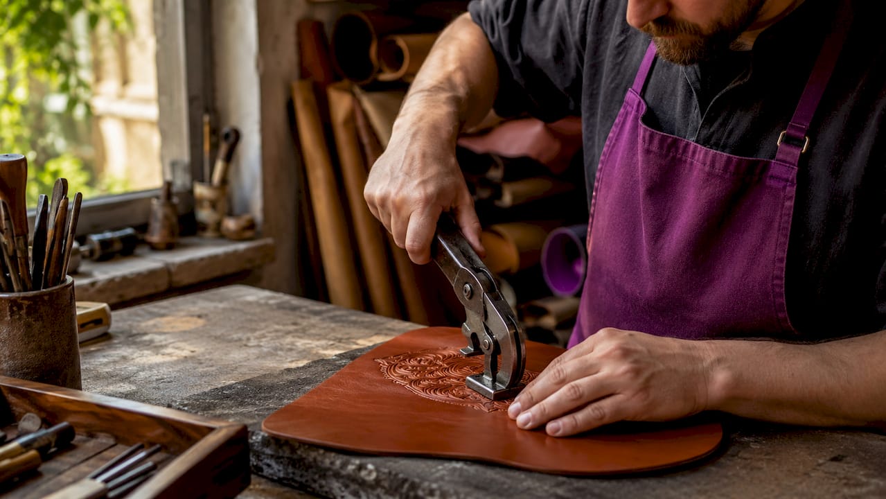 Hands applying dry stamping on leather