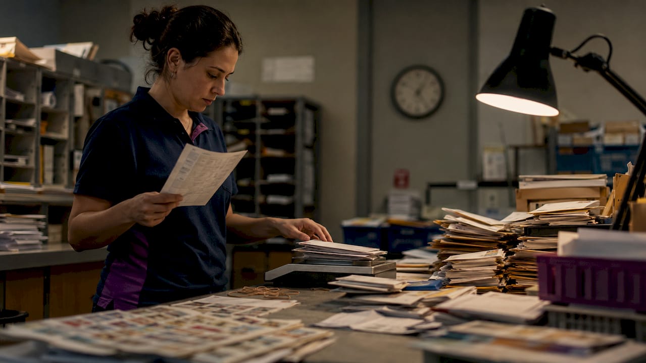 Postal worker checking stamp on mail