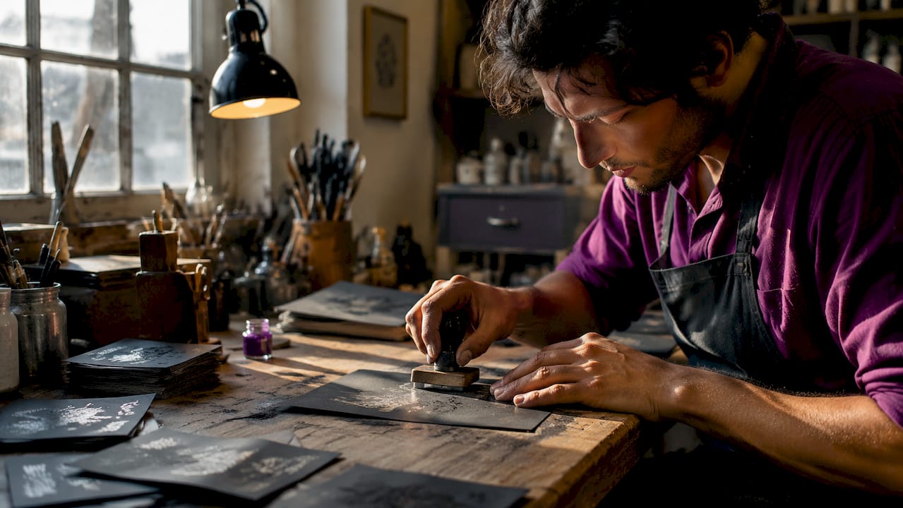 Close-up of hands using metallic ink stamp