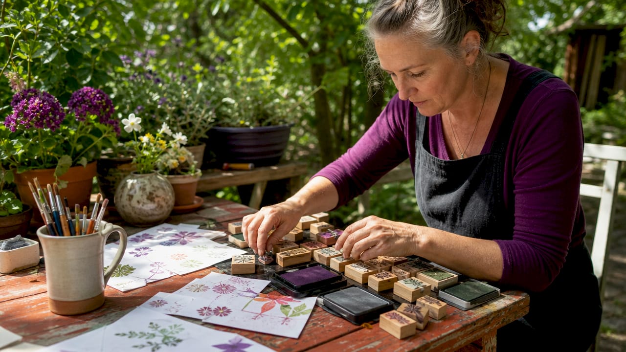 Woman arranging rubber stamps at craft table
