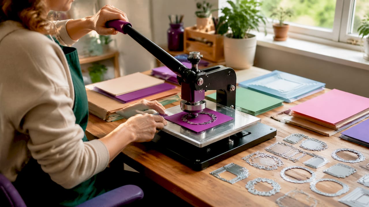 Close-up of hands using a stamp die cutter machine