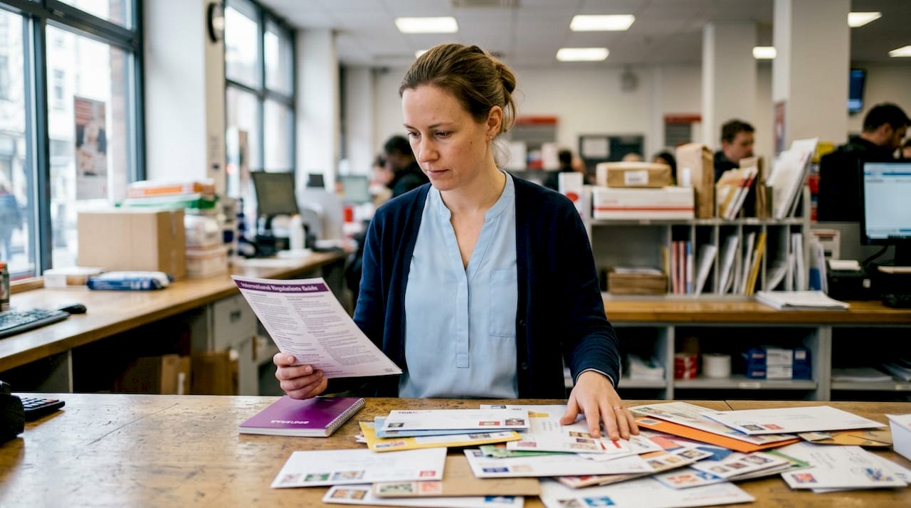 Postal worker reviewing international mailing regulations