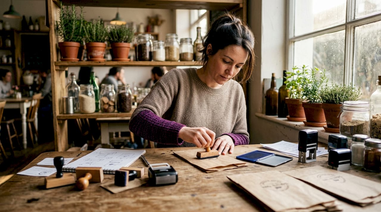 Businesswoman stamping branded paper bags