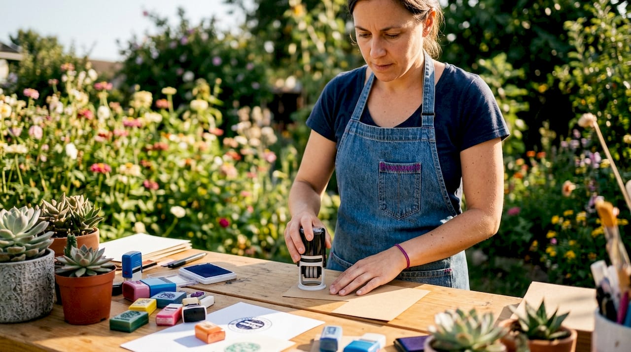 Artisan using multi-colour stamp on card
