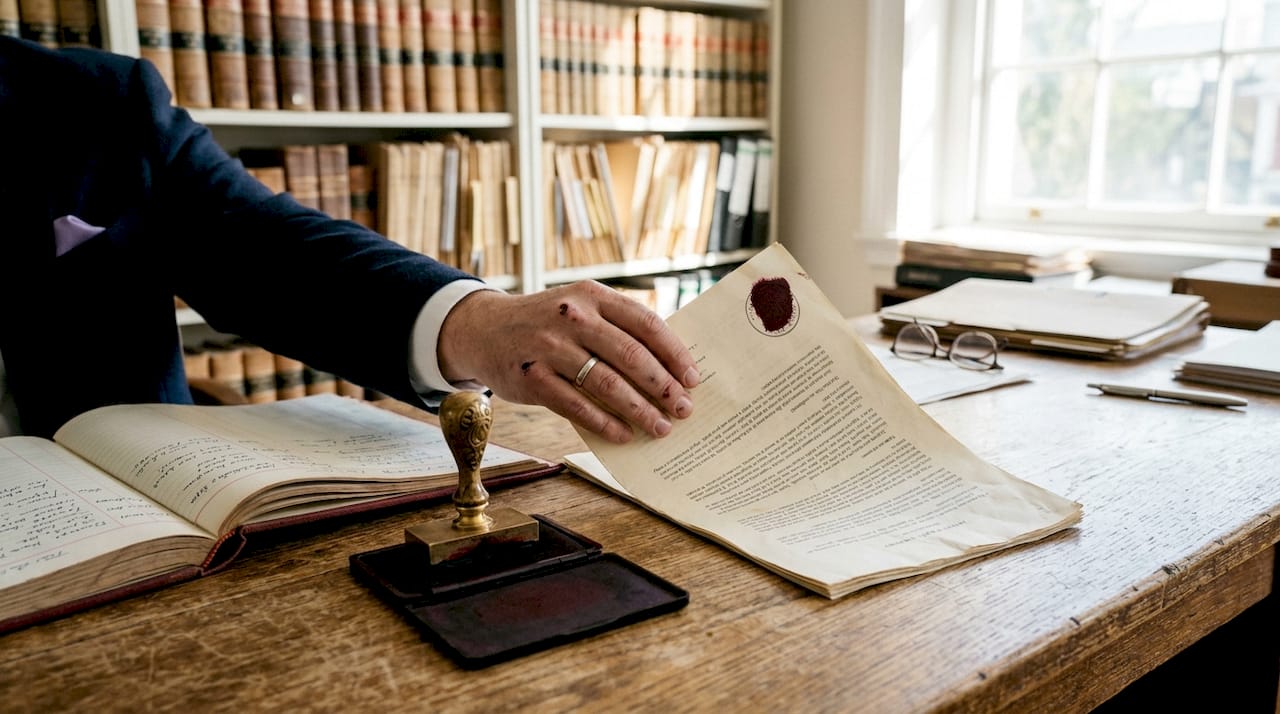 Hands holding stamped legal document on table