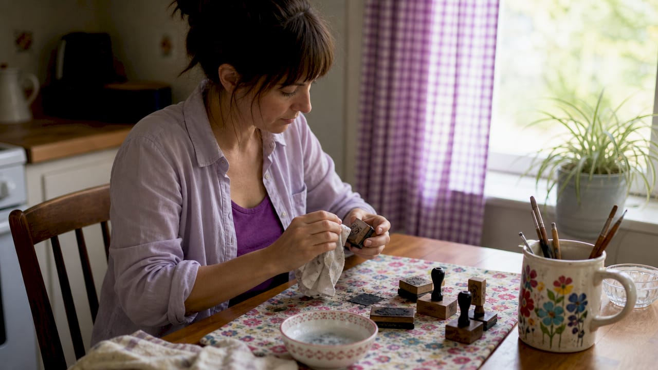 Close-up of woman cleaning rubber stamp on craft table