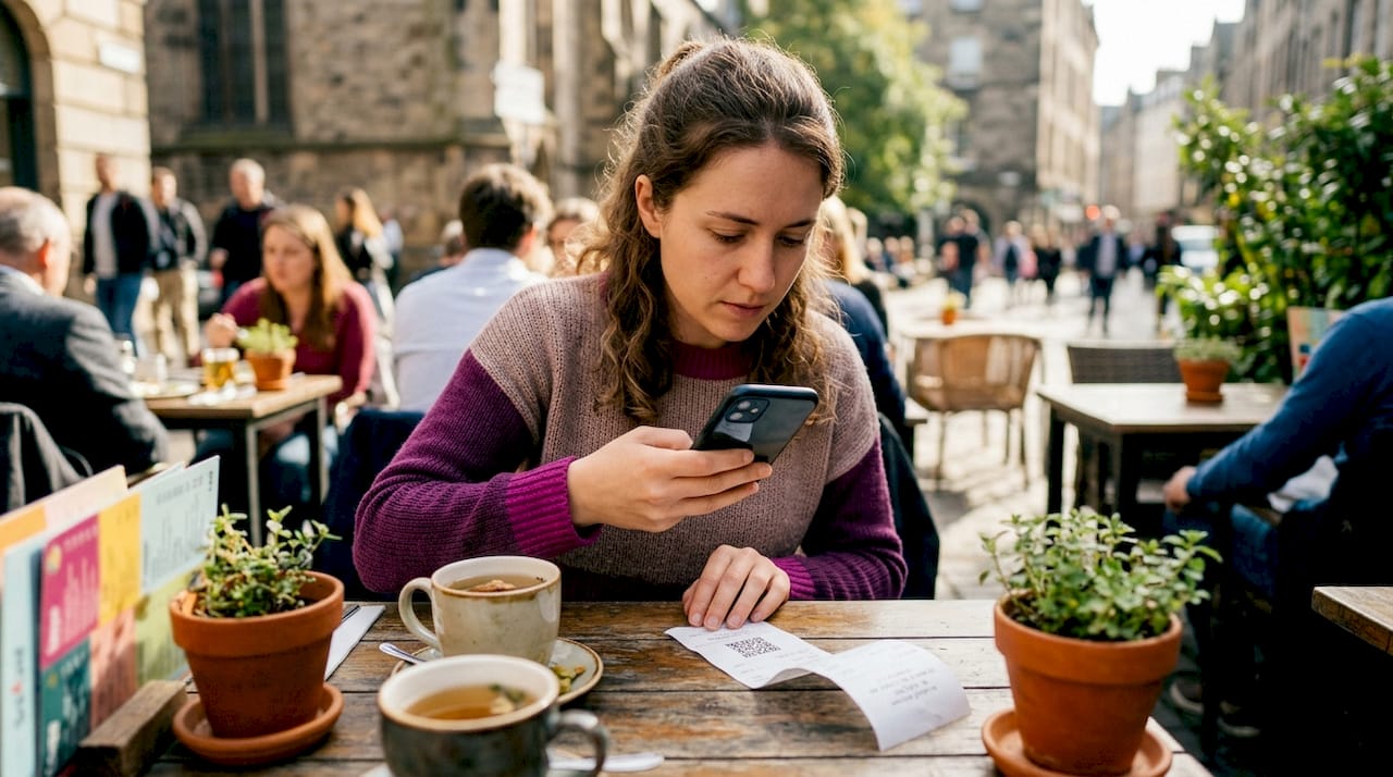 Woman using smartphone for mobile stamp ordering