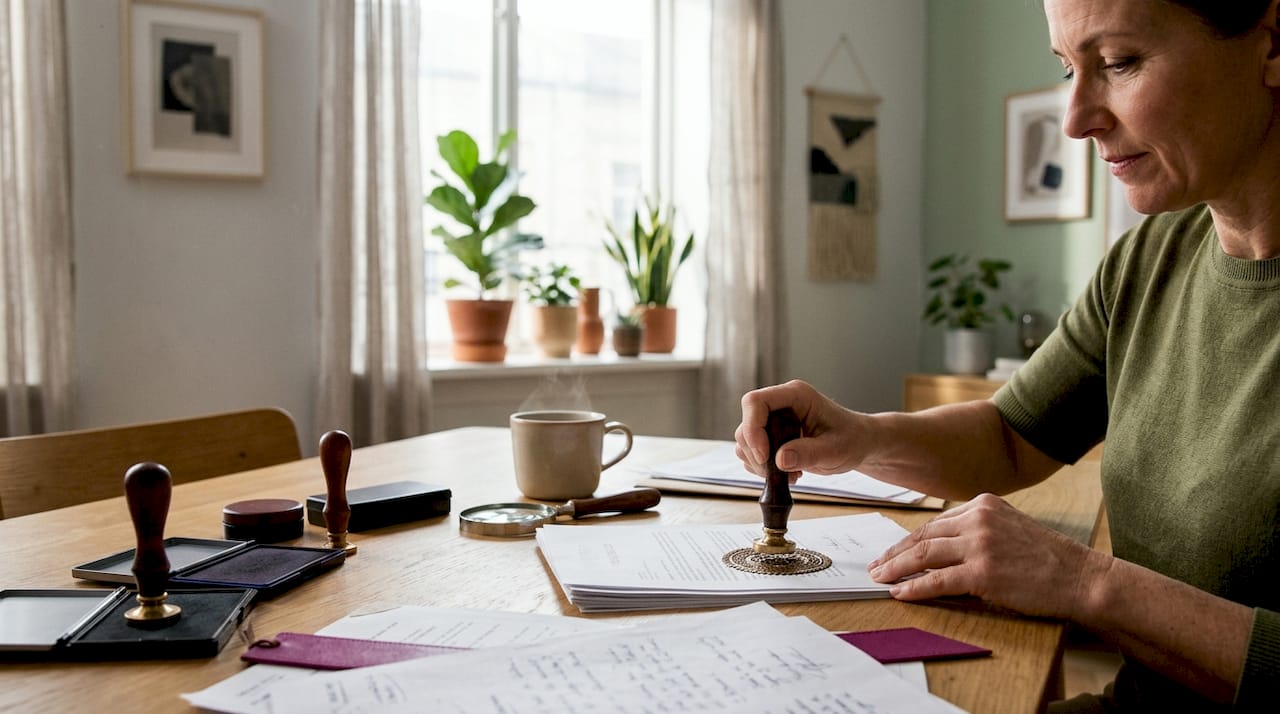 Person applying embossed security seal on document