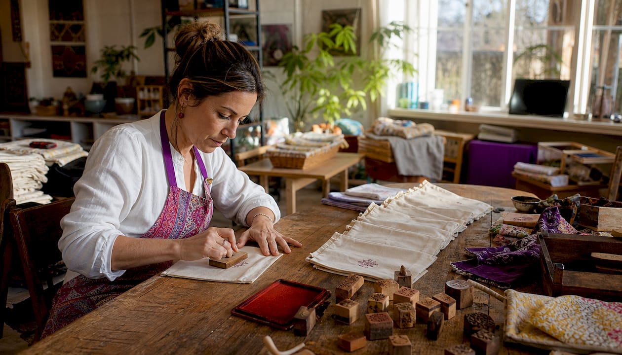 Person using traditional handstamp on boxes