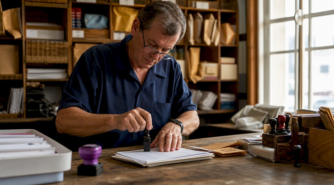 Postal clerk stamping mail with vertical rubber stamp
