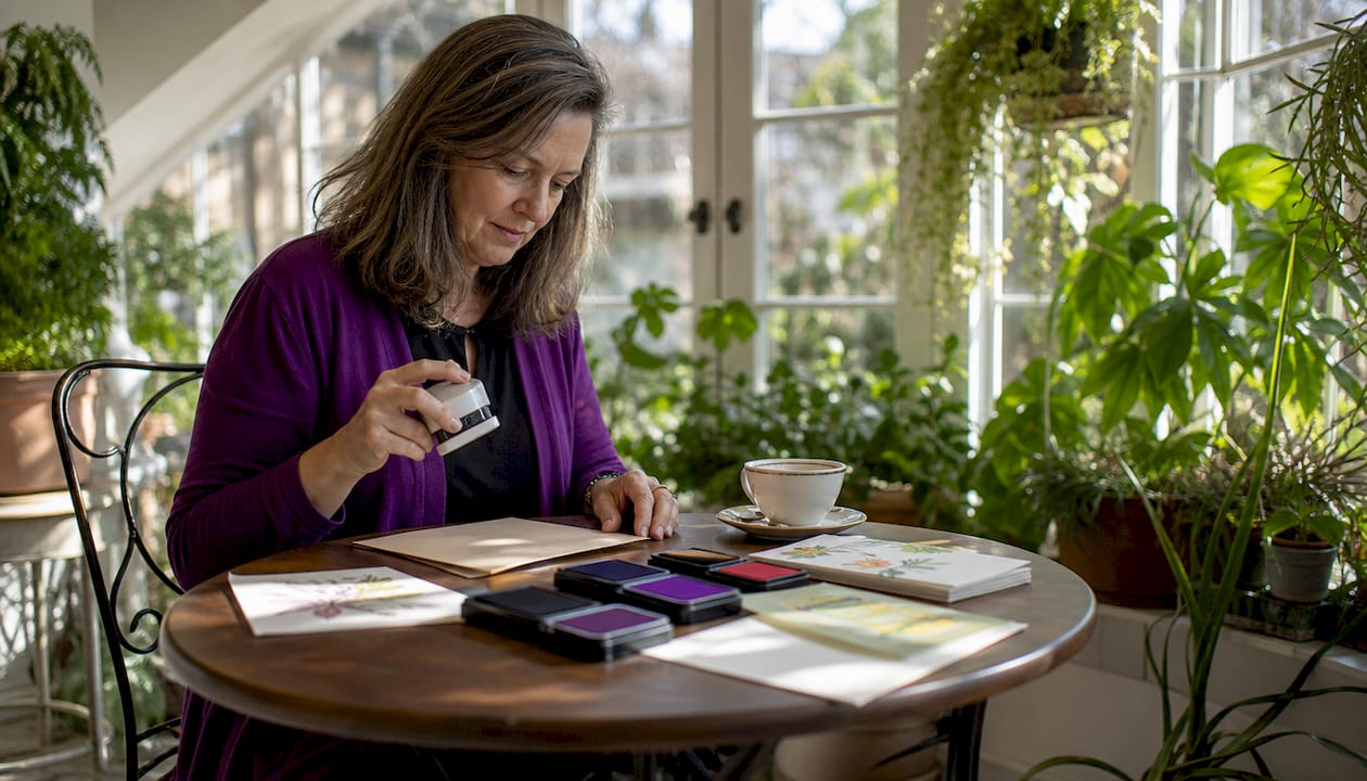 Person using a horizontal self-inking stamp on envelope