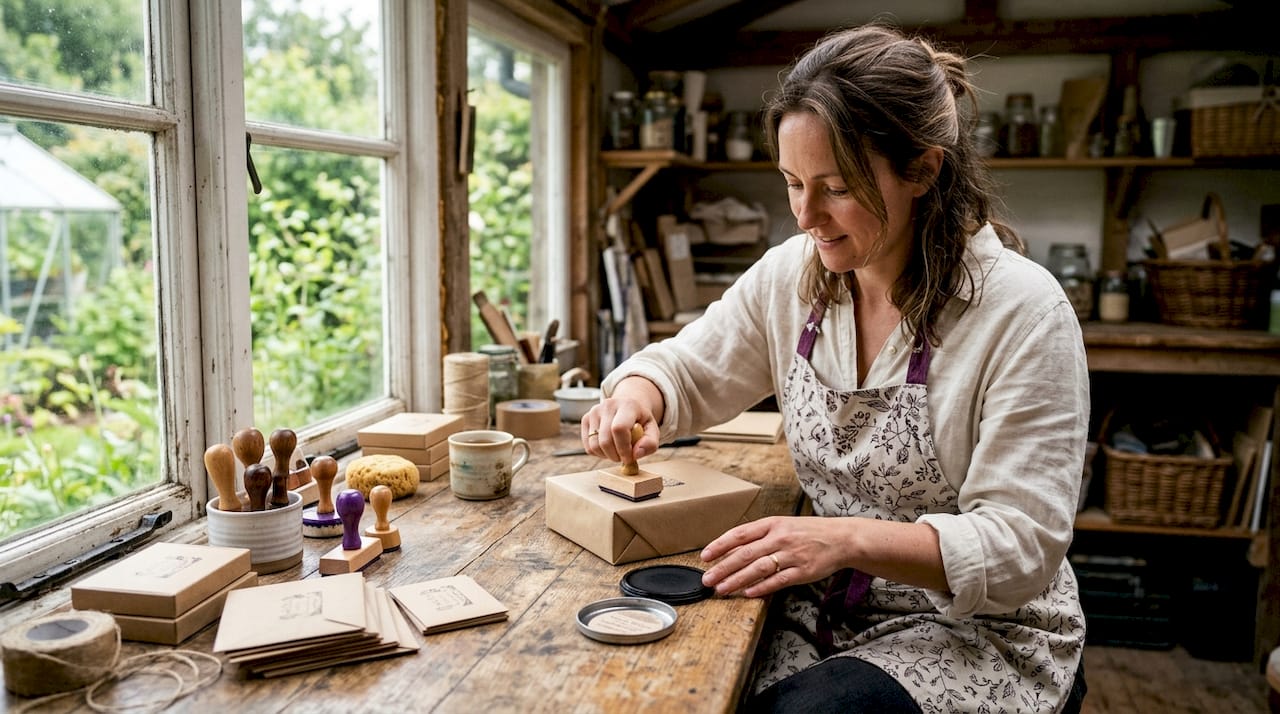 Artisan stamping logo on packaging