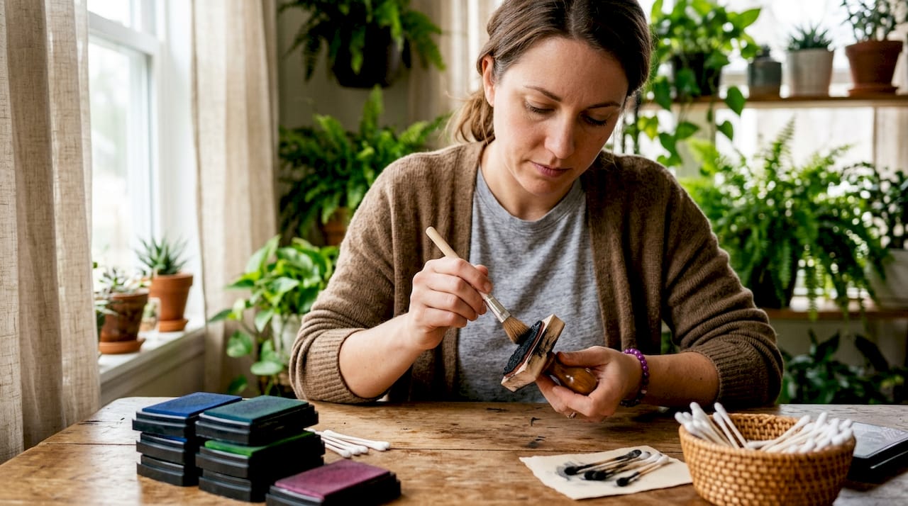 Woman cleaning custom rubber stamp at desk