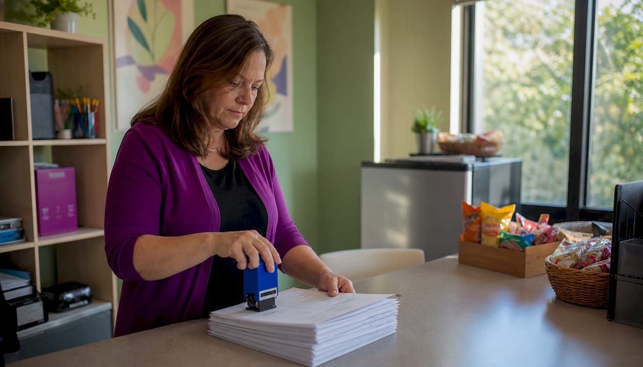 Administrative assistant stamping documents