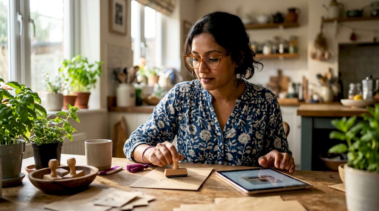 Woman comparing digital and traditional stamps