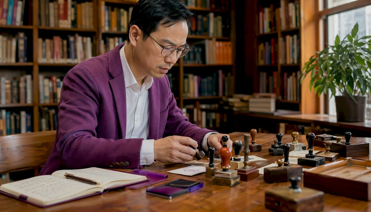 Man choosing rubber stamps at office table